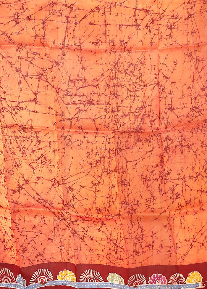 Orange Printed Pure Silk Saree Without Blouse Piece