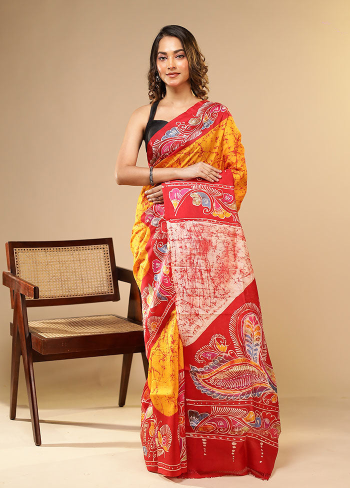 Yellow Printed Pure Silk Saree Without Blouse Piece