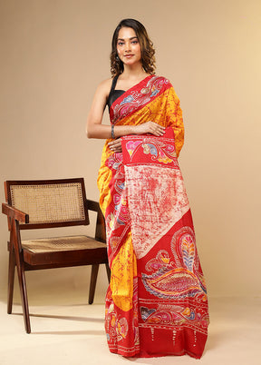 Yellow Printed Pure Silk Saree Without Blouse Piece