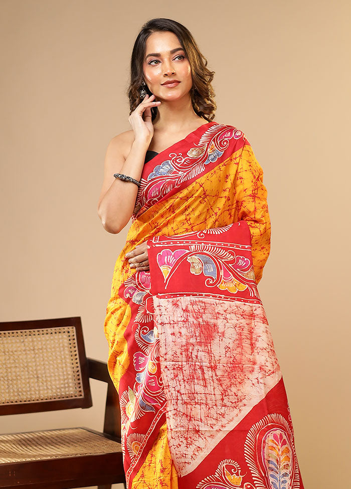Yellow Printed Pure Silk Saree Without Blouse Piece