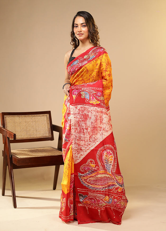 Yellow Printed Pure Silk Saree Without Blouse Piece