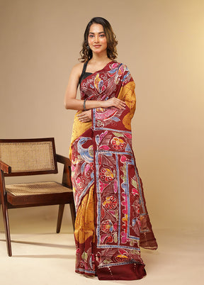 Yellow Printed Pure Silk Saree Without Blouse Piece