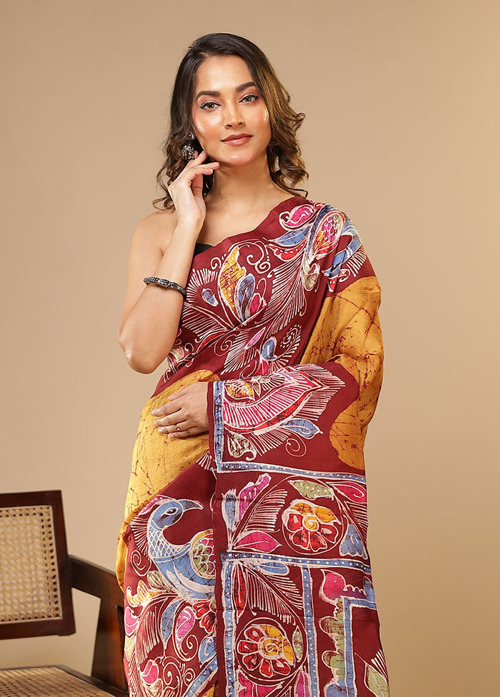 Yellow Printed Pure Silk Saree Without Blouse Piece