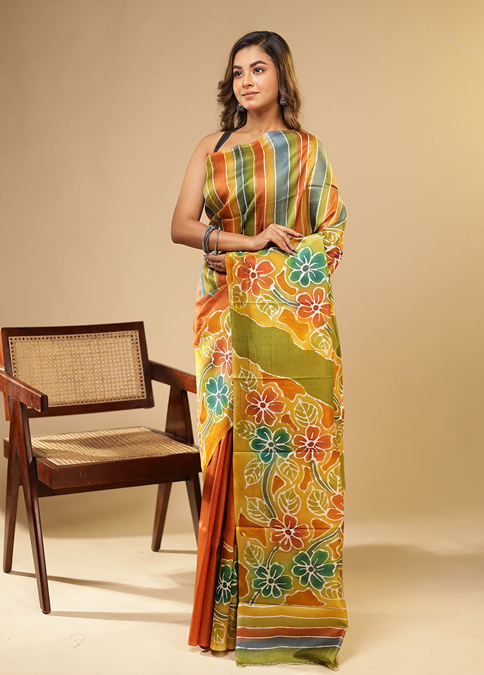 Multicolor Printed Pure Silk Saree With Blouse Piece
