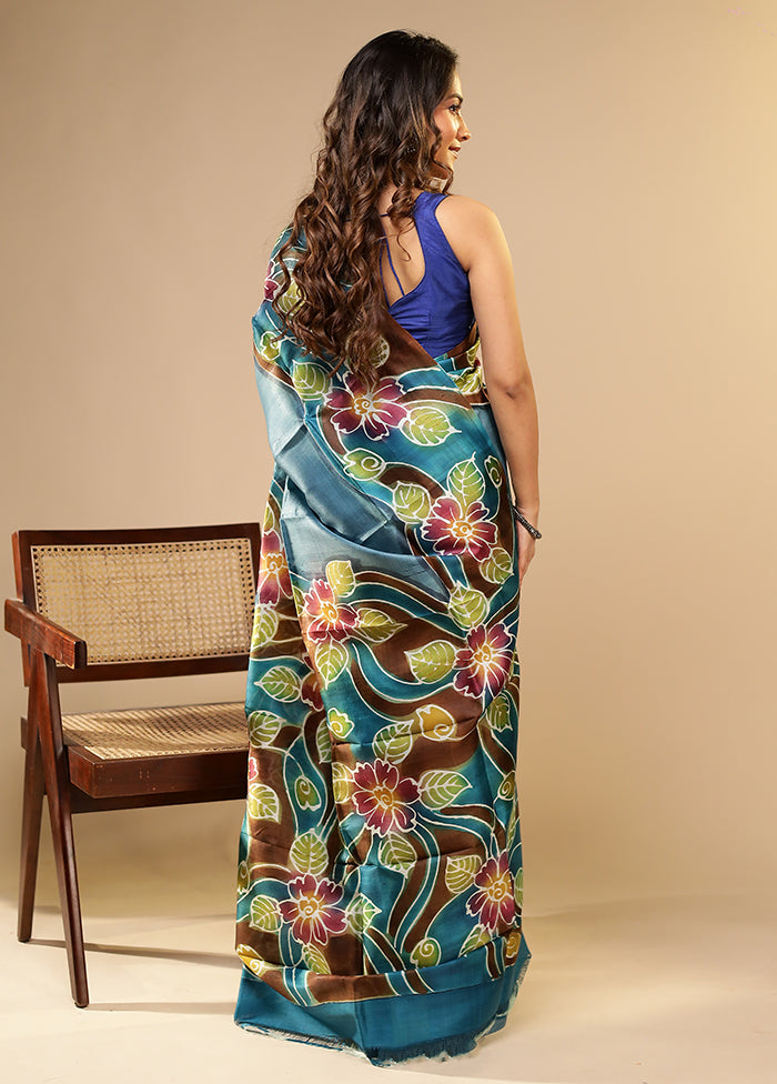 Blue Printed Pure Silk Saree Without Blouse Piece