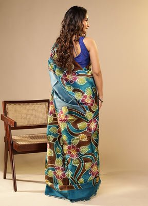 Blue Printed Pure Silk Saree Without Blouse Piece