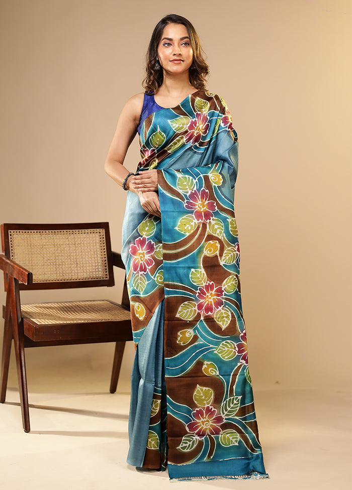 Blue Printed Pure Silk Saree Without Blouse Piece