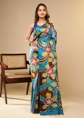 Blue Printed Pure Silk Saree Without Blouse Piece