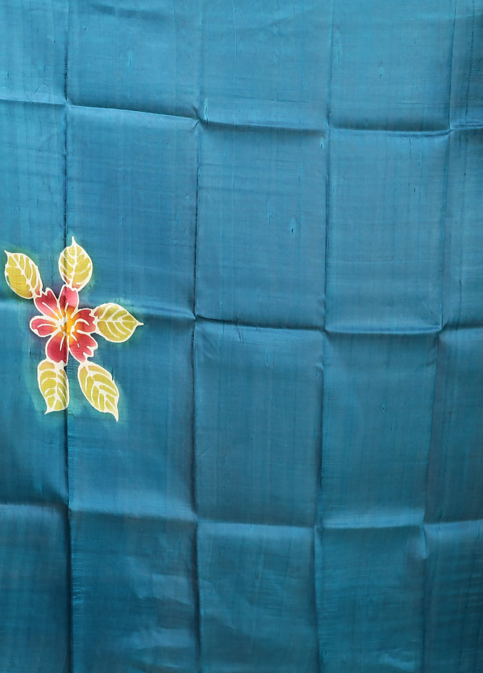Blue Printed Pure Silk Saree Without Blouse Piece