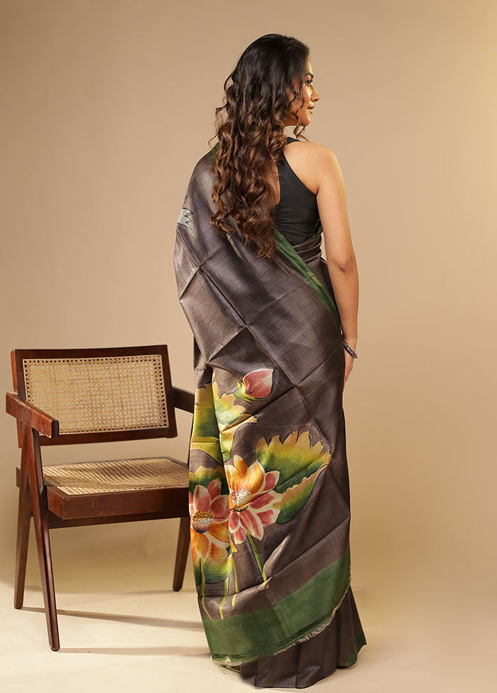 Black Printed Pure Silk Saree Without Blouse Piece