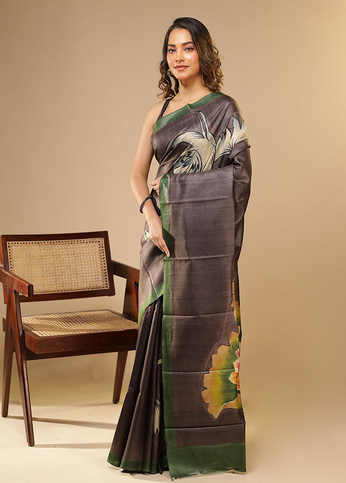 Black Printed Pure Silk Saree Without Blouse Piece