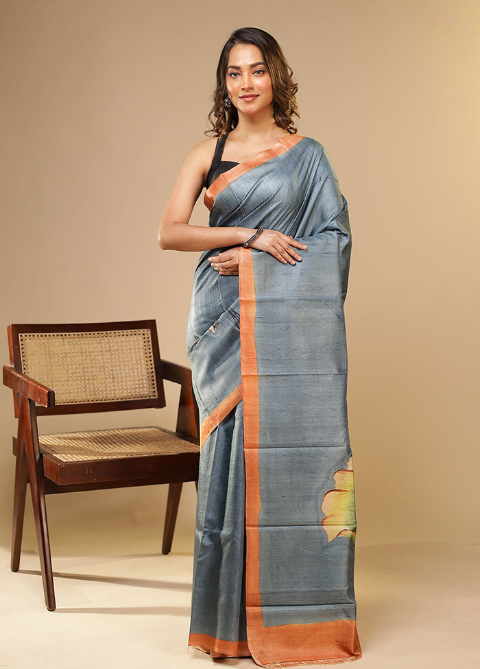 Blue Printed Pure Silk Saree Without Blouse Piece