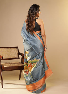 Blue Printed Pure Silk Saree Without Blouse Piece