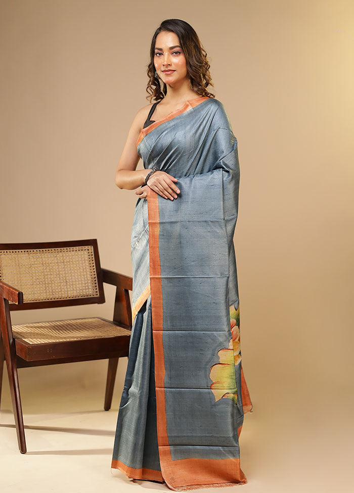 Blue Printed Pure Silk Saree Without Blouse Piece