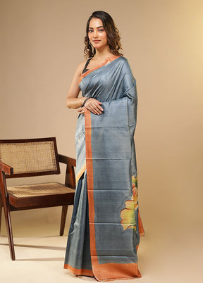 Blue Printed Pure Silk Saree Without Blouse Piece