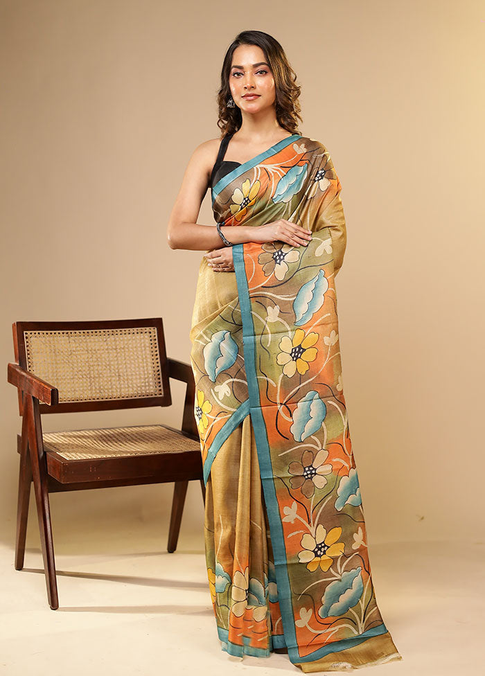 Cream Printed Pure Silk Saree Without Blouse Piece