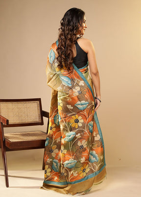Cream Printed Pure Silk Saree Without Blouse Piece