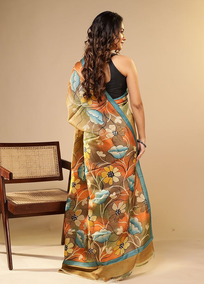 Cream Printed Pure Silk Saree Without Blouse Piece
