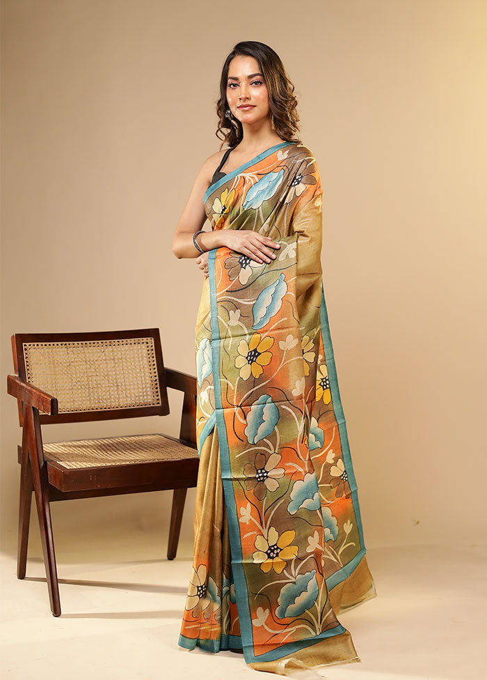 Cream Printed Pure Silk Saree Without Blouse Piece