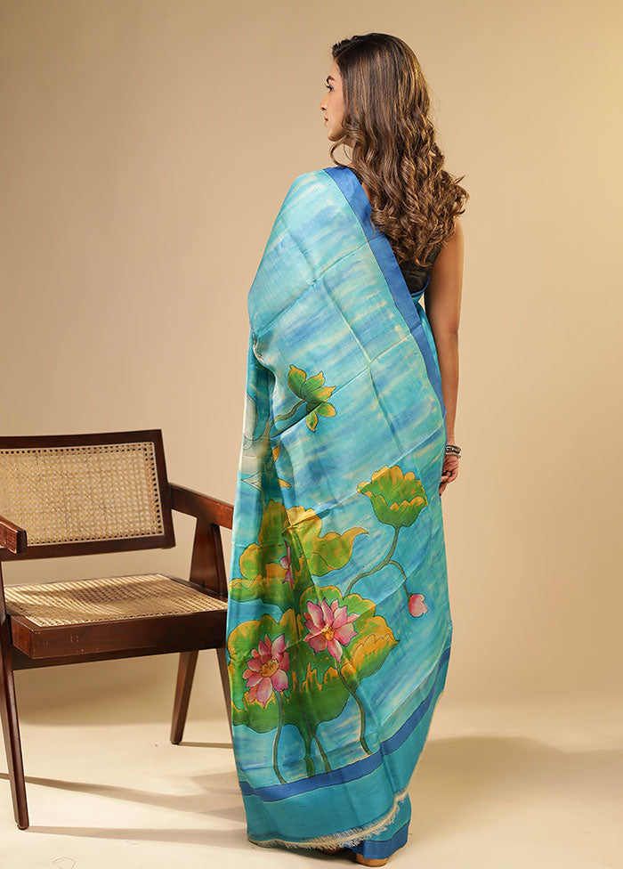 Blue Printed Pure Silk Saree Without Blouse Piece