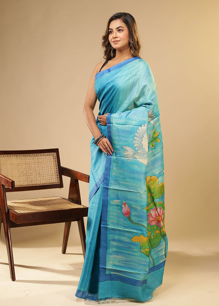 Blue Printed Pure Silk Saree Without Blouse Piece