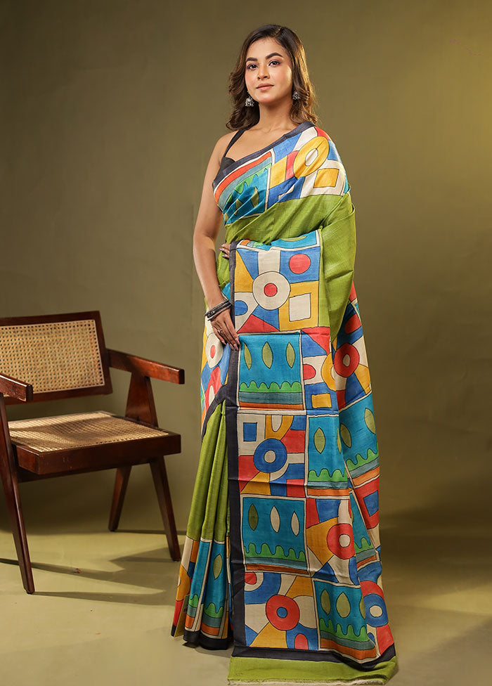 Green Printed Pure Silk Saree Without Blouse Piece