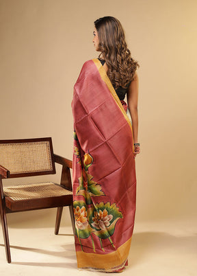 Rust Printed Pure Silk Saree With Blouse Piece