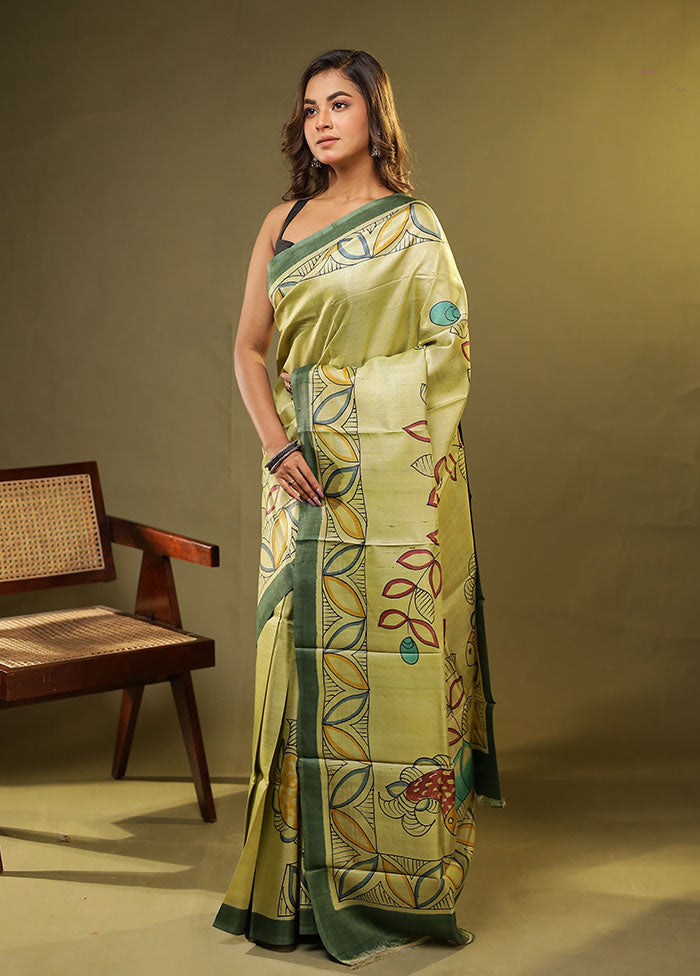 Green Printed Pure Silk Saree With Blouse Piece