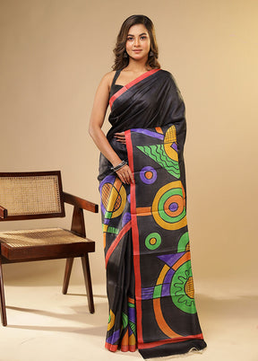 Black Printed Pure Silk Saree Without Blouse Piece