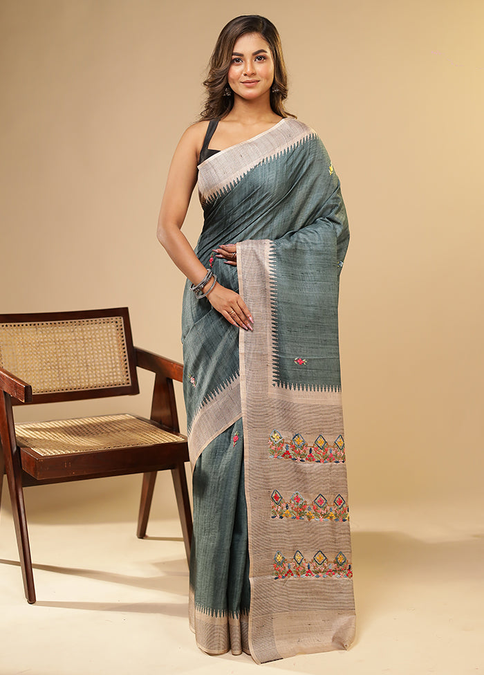 Green Tussar Silk Saree With Blouse Piece