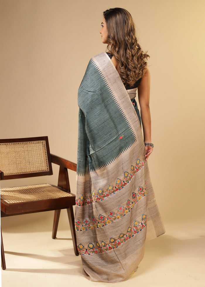 Green Tussar Silk Saree With Blouse Piece