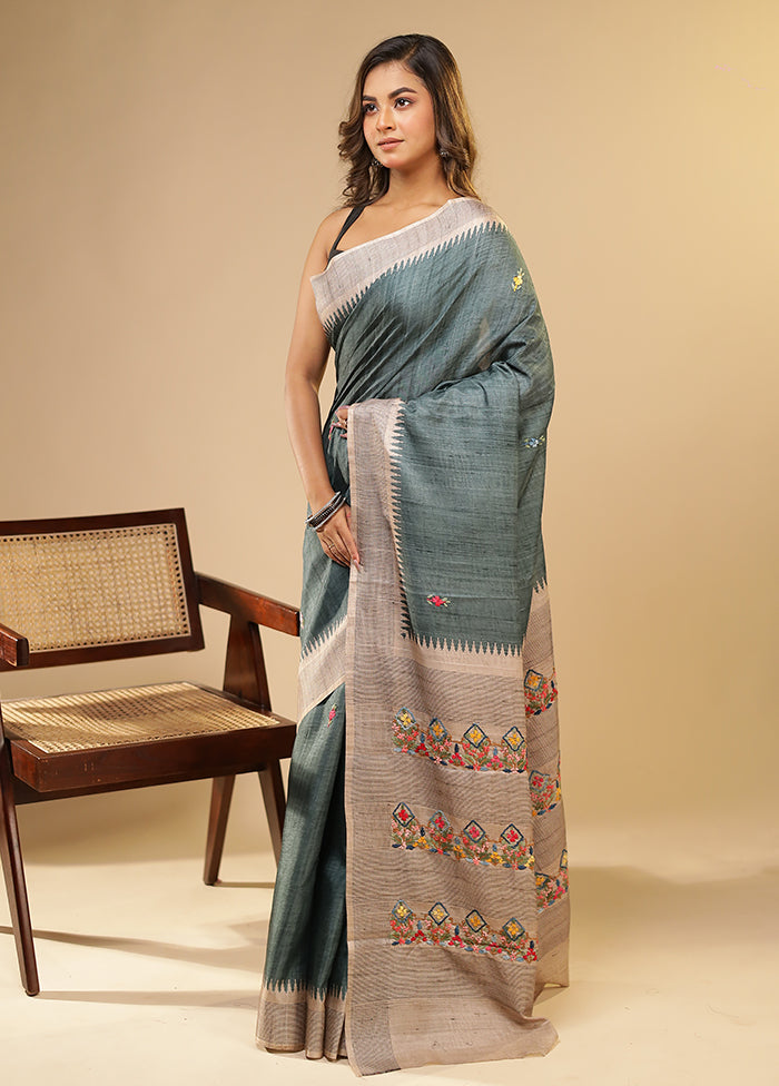 Green Tussar Silk Saree With Blouse Piece