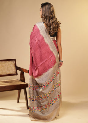Pink Tussar Silk Saree With Blouse Piece