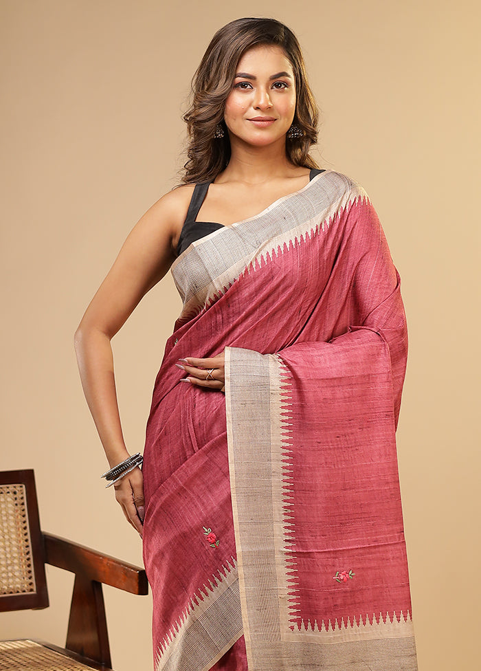 Pink Tussar Silk Saree With Blouse Piece