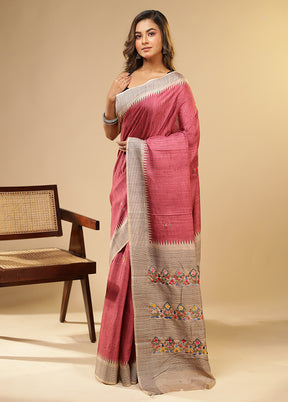 Pink Tussar Silk Saree With Blouse Piece
