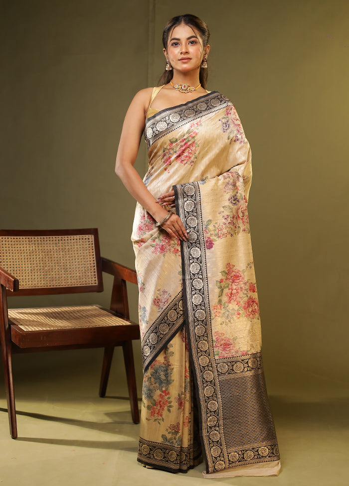 Cream Tussar Silk Saree With Blouse Piece