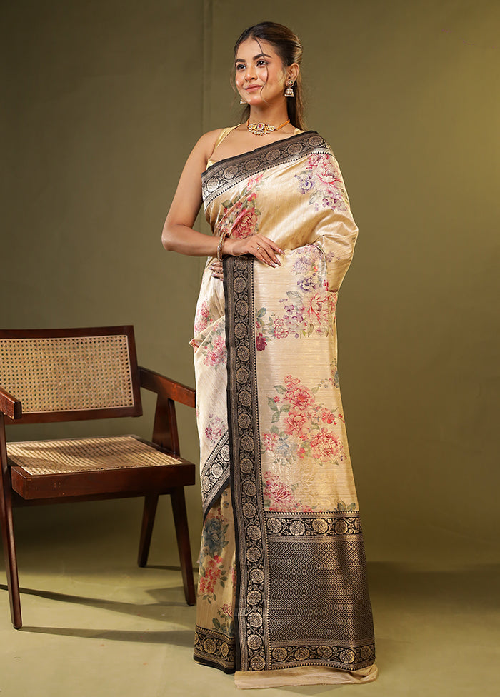 Cream Tussar Silk Saree With Blouse Piece