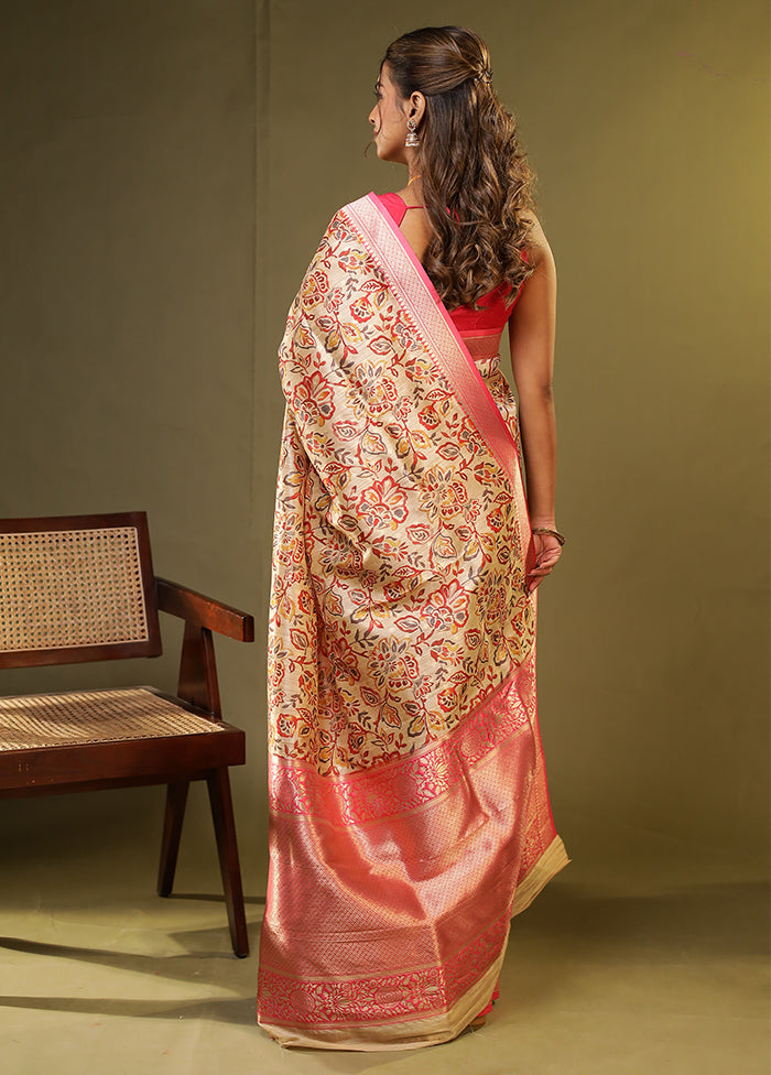Cream Tussar Silk Saree With Blouse Piece