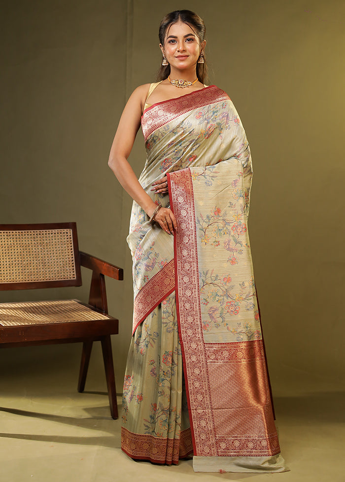 Green Tussar Silk Saree With Blouse Piece