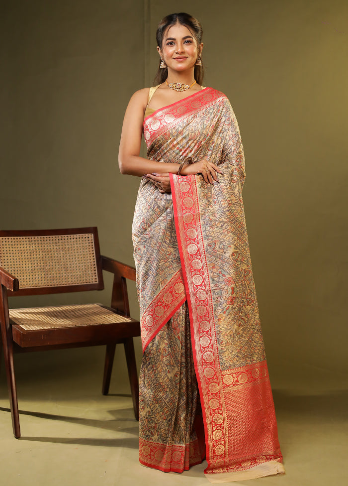 Cream Tussar Silk Saree With Blouse Piece