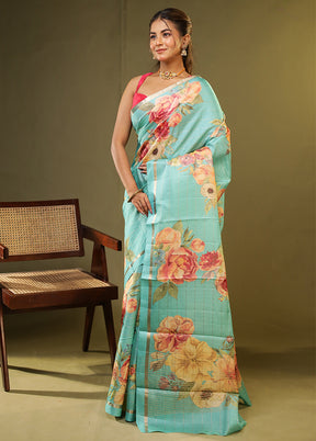 Green Handloom Tussar Pure Silk Saree With Blouse Piece