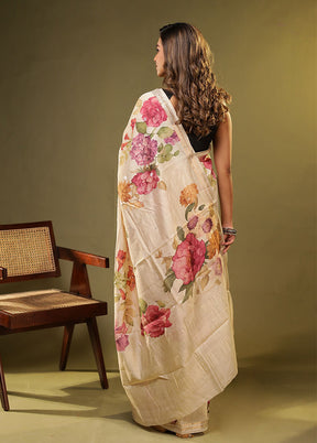 Cream Handloom Tussar Pure Silk Saree With Blouse Piece