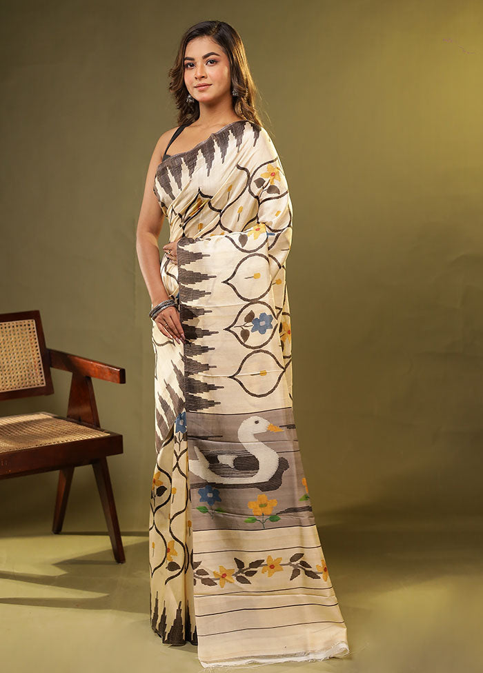 Cream Printed Pure Silk Saree Without Blouse Piece