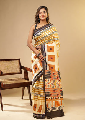 Cream Printed Pure Silk Saree Without Blouse Piece