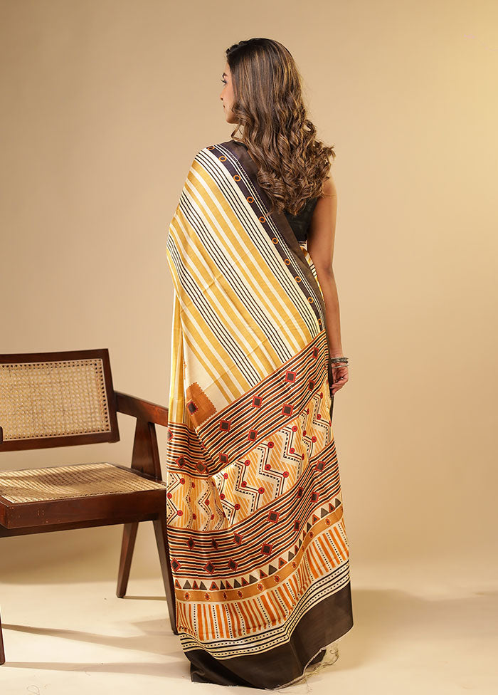 Cream Printed Pure Silk Saree Without Blouse Piece