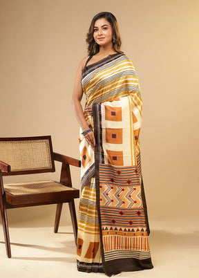 Cream Printed Pure Silk Saree Without Blouse Piece