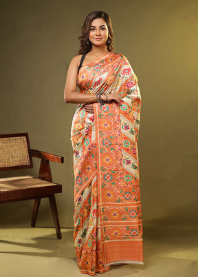 Orange Printed Pure Silk Saree With Blouse Piece