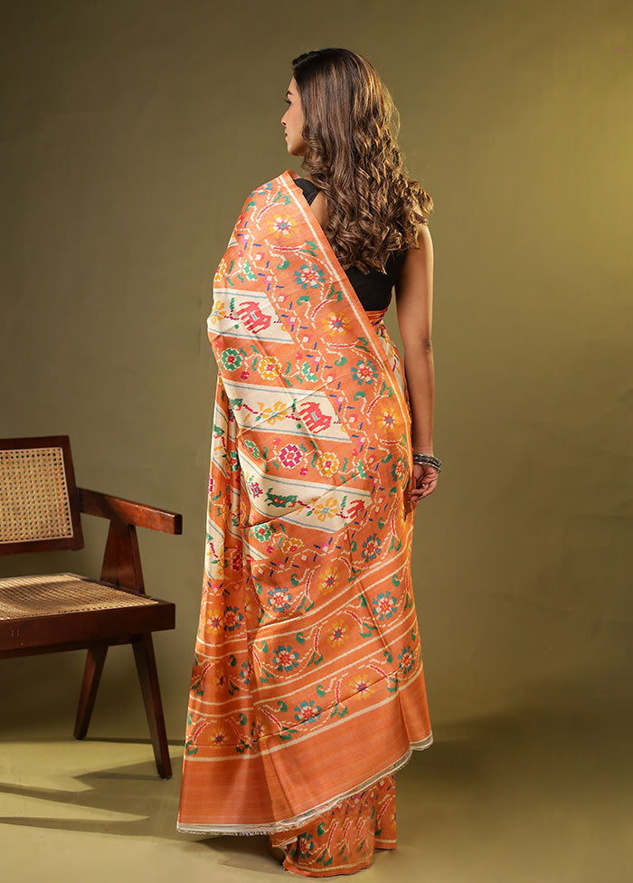 Orange Printed Pure Silk Saree With Blouse Piece