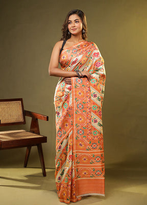 Orange Printed Pure Silk Saree With Blouse Piece