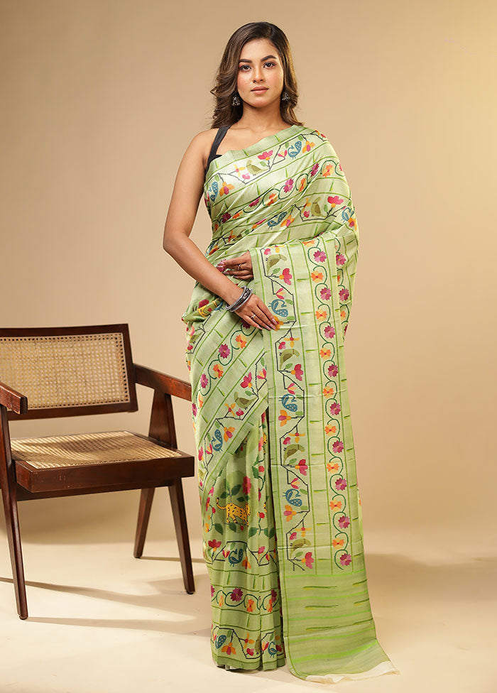 Green Printed Pure Silk Saree With Blouse Piece